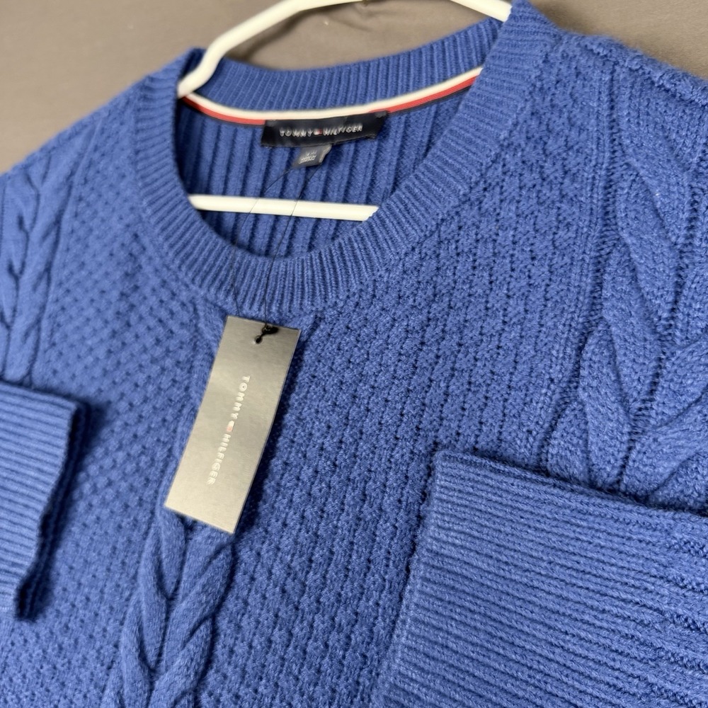 Tommy Hilfiger Blue Cable-Knit Pullover Sweater L Acrylic Logo Crew Neck